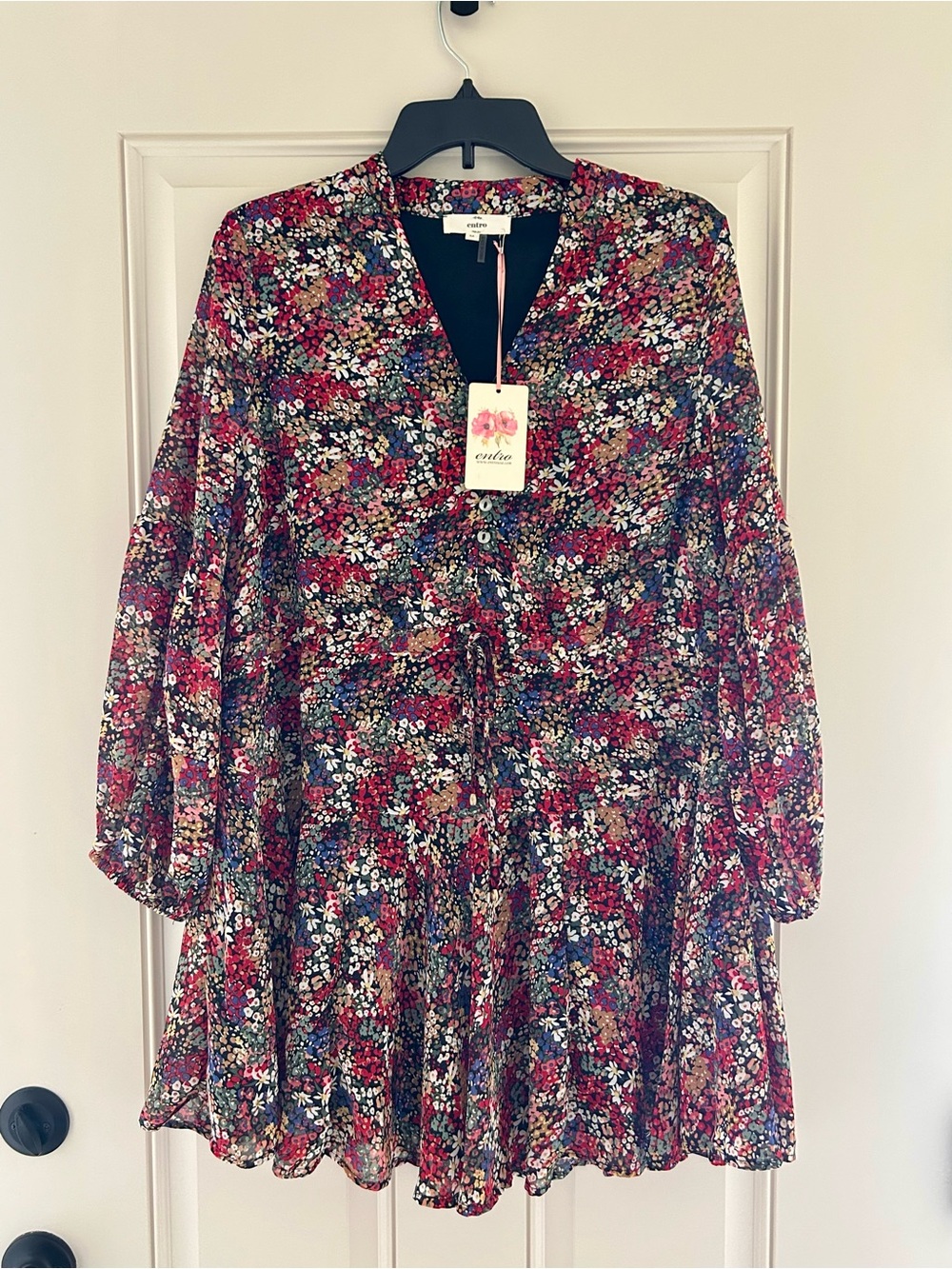 entro Red Multi Floral Long Sleeve Tiered Mini Dress